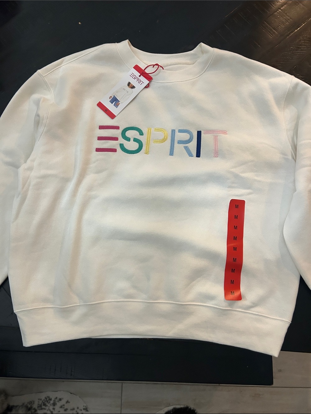 Esprit White Crewneck Sweatshirt with Rainbow Embroidered Logo